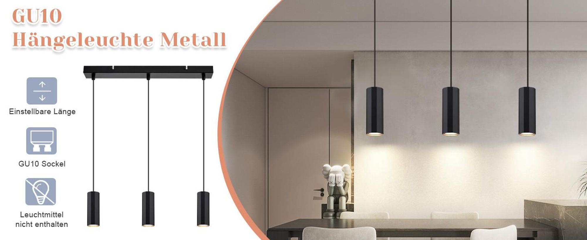 ZMH Pendelleuchte Esszimmer 3 Ecikg Flammig Modern Hängelampe Pendellampe GU10 Metall Hängeleuchte für Wohnzimmer Küche Schlafzimmer Schwarz