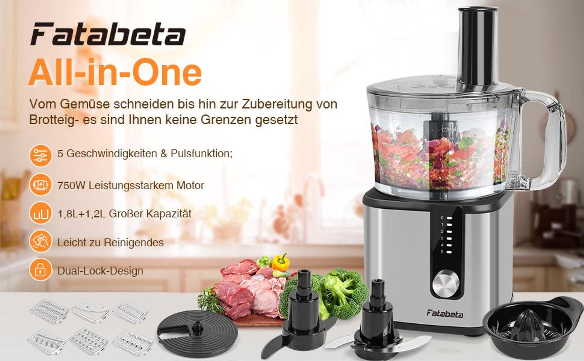 7MAGIC 9-in-1 Multifunktions-Küchenmaschine 750W, 1,8L Entsafter, 1,2L Rührschüssel, Mixer, Gemüseschneider, Fleischwolf, Knethaken, 12 Zubehörteile