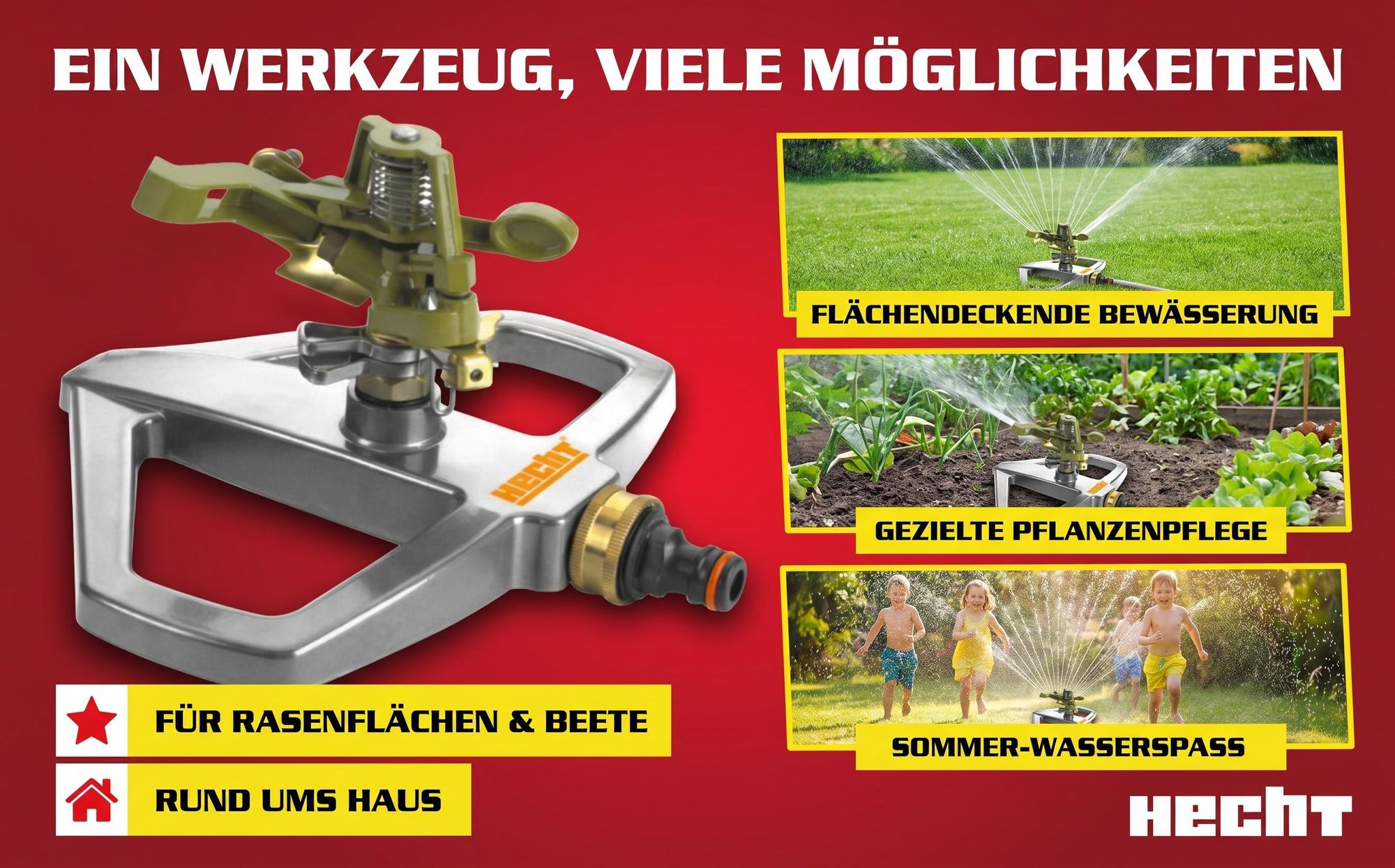 HECHT 06043 Rasensprenger Rasensprinkler | bis 450 m² | 0-360° schwenkbar |  Rostfrei
