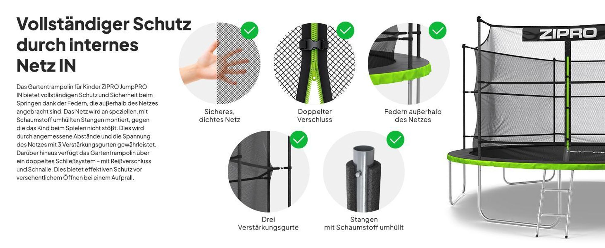 ZIPRO Trampolin Jump Pro IN | 14FT Ø 435 cm | Gartentrampolin Kindertrampolin Komplett-Set inkl. Innennetz, Leiter & Randabdeckung, Outdoor, Grün