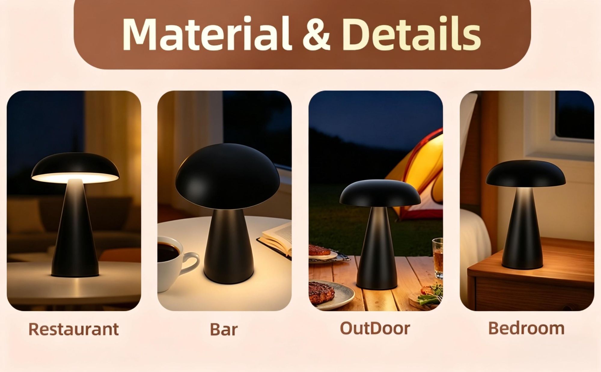 LED-Pilzlampe, tragbare Metall-Schreibtischlampe,USB-Aufladung Nachttischlampe, dreifarbiges Touch-Kabellos Dimmen, Augenschutz-Nachtlicht, Schwarz