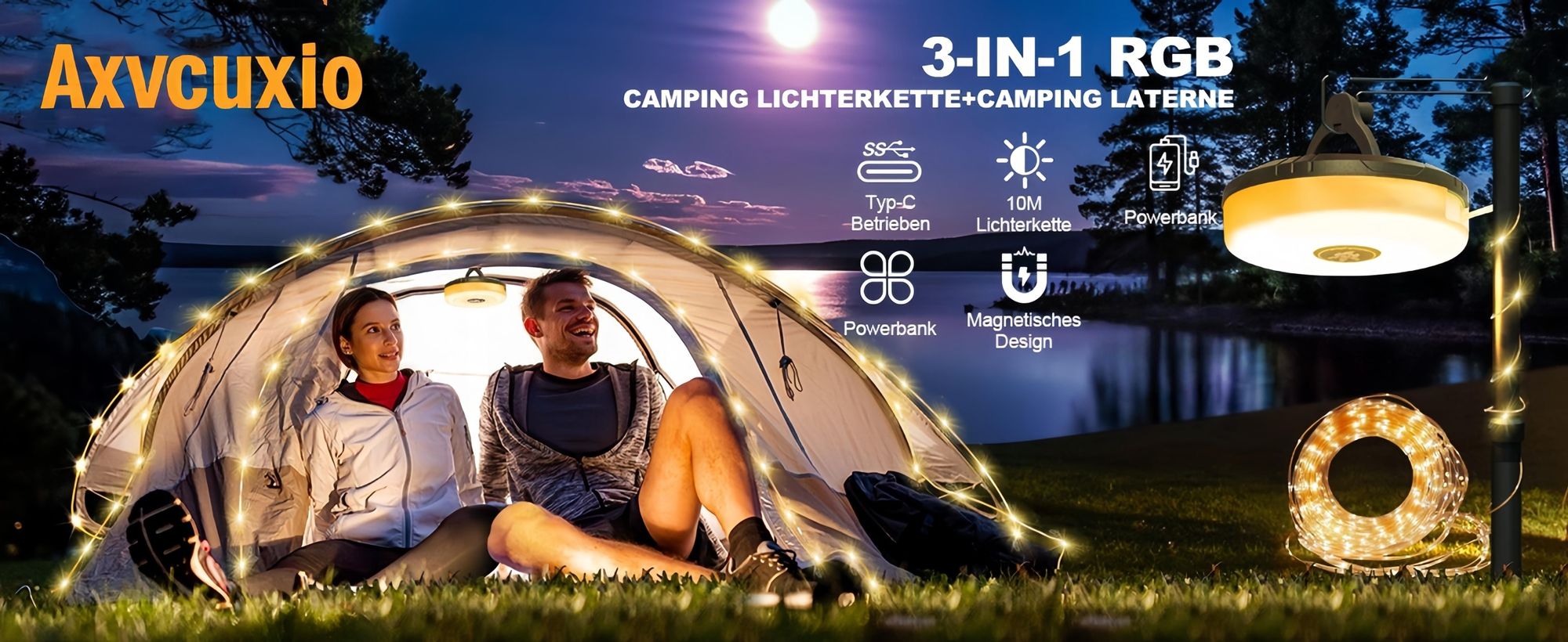 3-in-1 Camping Lichterkette Aufrollbar,5 Leuchtmodi,Tragbare LED Campinglampe,USB wiederaufladbar Campingleuchte,Lichterketten außen 10m,Campingausrüs