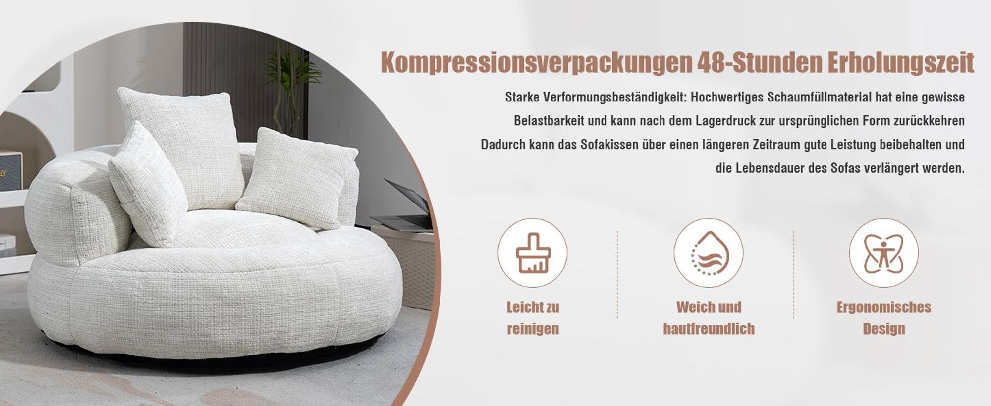 LVHOM Lazy Sofa mit 3 Kissen, Klassischer Sitzsack mit Füllung, Bean Bag mit Sitzpuff, Chenille Kuschelstuhl Sitzsäcke, Chaiselongue, Kaffeebraun