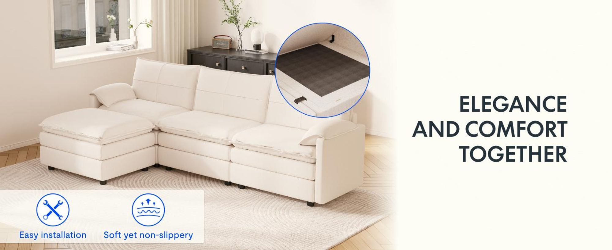 FLEXISPOT 4-Sitzer Sofa Sofabed L-förmiges Ecksofa mit Hocker, Stauraum, Modulares Sofa platzsparend für Wohnzimmer Weiß