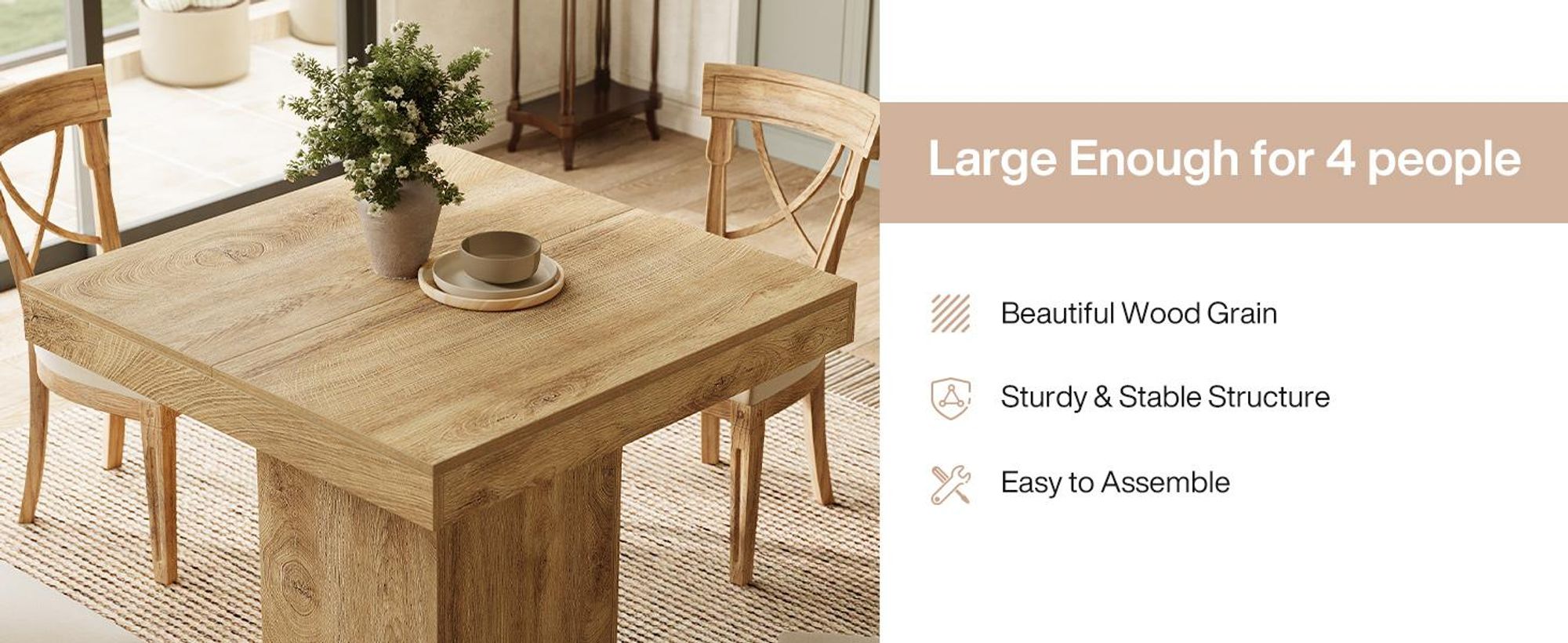 Tribesigns Esstisch für 4 Personen, 100*100 cm Esstisch im Bauernhaus-Stil für kleine Küchen mit stabilem Säulenfuß für die Küche, das Esszimmer,Natur
