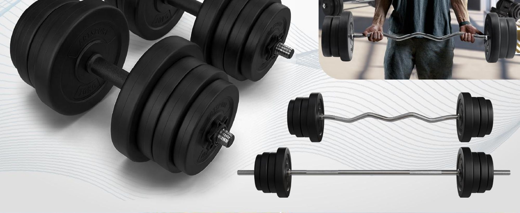 Artsport 3in1 Hantelset mit 2 Kurzhanteln, 1 Langhantel & 1 SZ Curlhantel – 12 Gewichte mit 60kg und Sternverschlüssen – Hantel Set Krafttraining