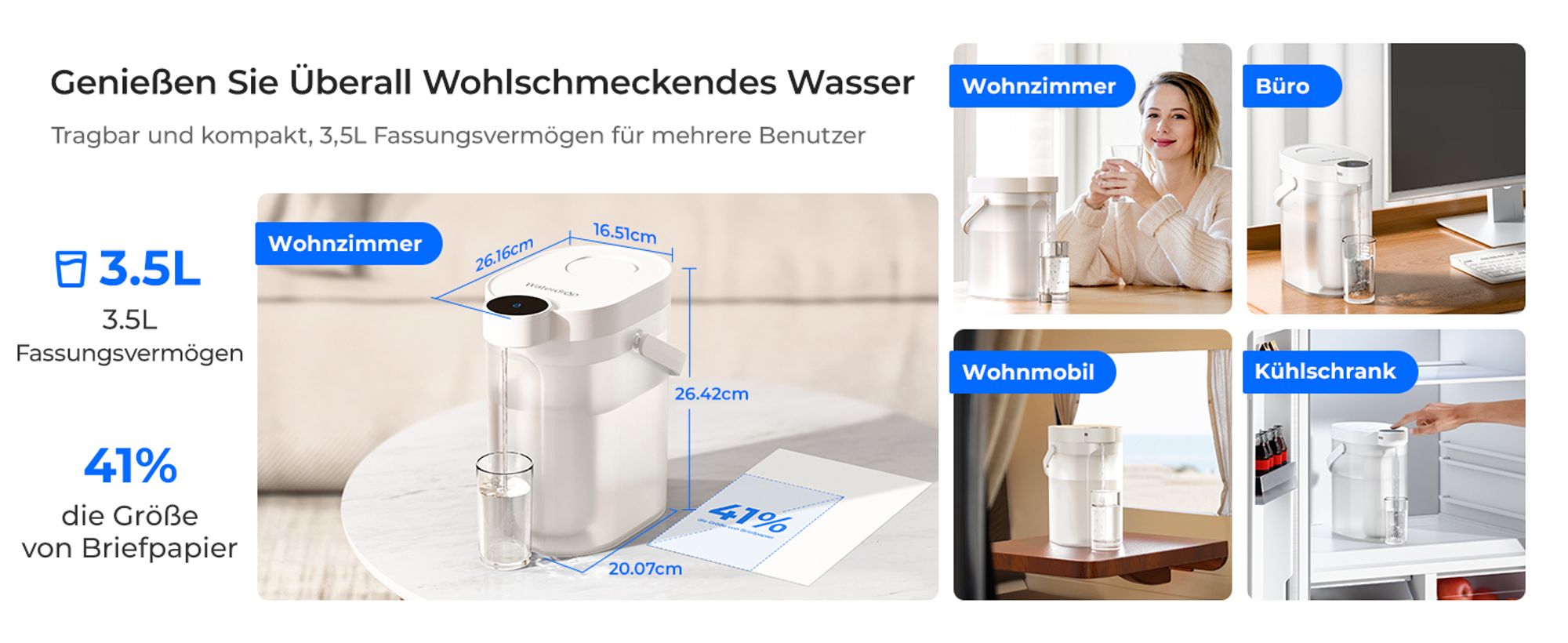 Waterdrop WD-ED11W Wiederaufladbarer Elektrischer Wasserfilterkrug, 3,5L Wasserenthärter Kalkfilter 3 Monate Langlebiger Sofortiger Dispenser