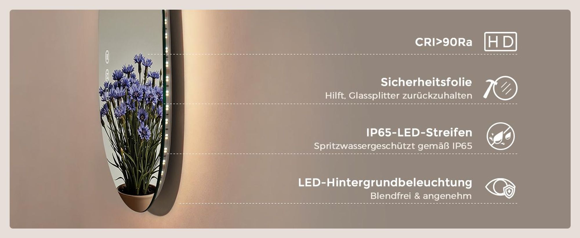 AJIE Studio FORMA LED-Badspiegel, Asymmetrisch, 75 x 55 cm, 3 Lichtfarben, dimmbar, Touch-Steuerung, Antibeschlag, Memory-Funktion, mit EU-Stecker