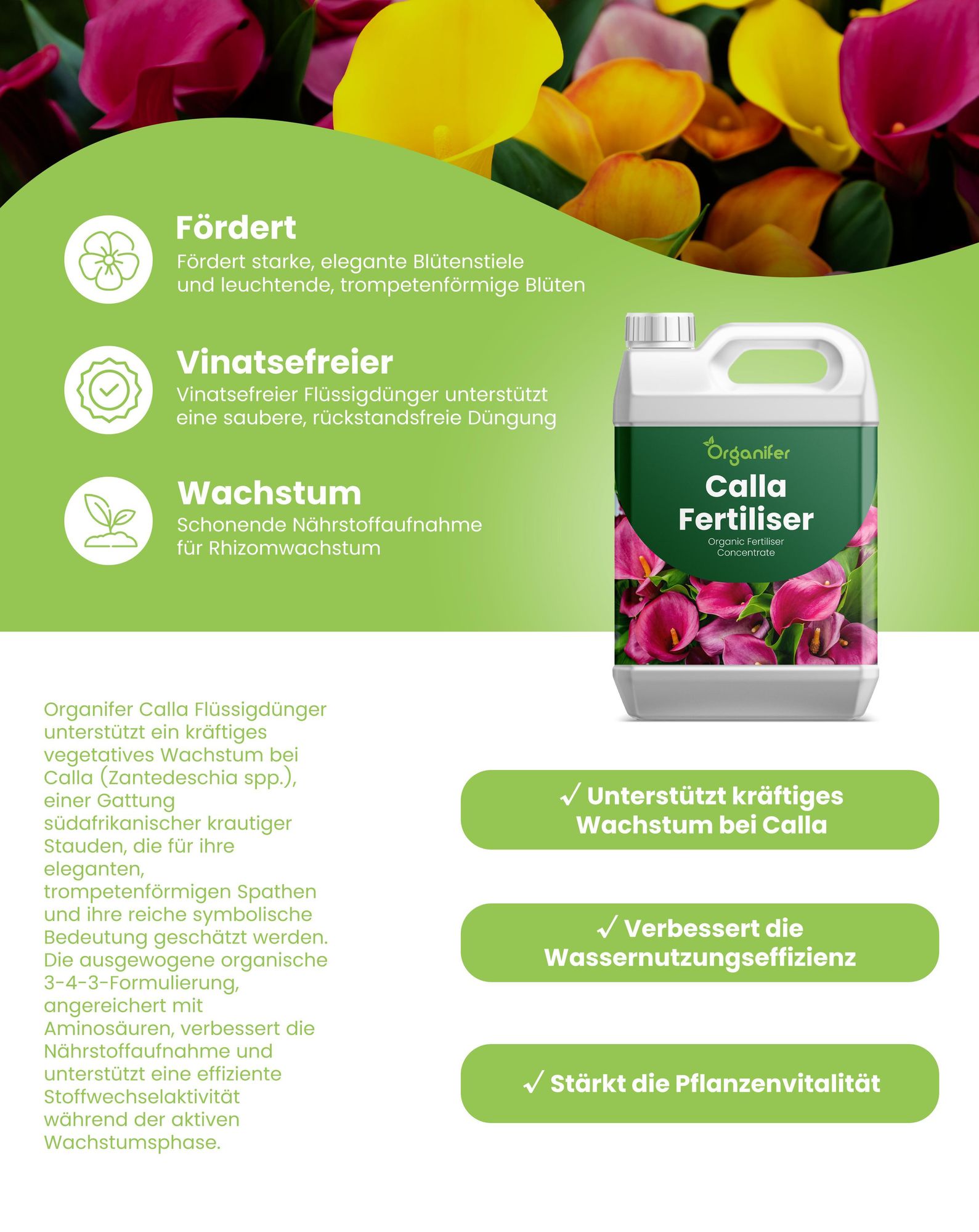 Calla Flüssigdünger 1L – 3-4-3 NPK - Flüssigdünger Für Blühpflanzen – Für Üppige Blüten & Kräftige Rhizome – Fördert Wurzeln & Vitalität – Organifer