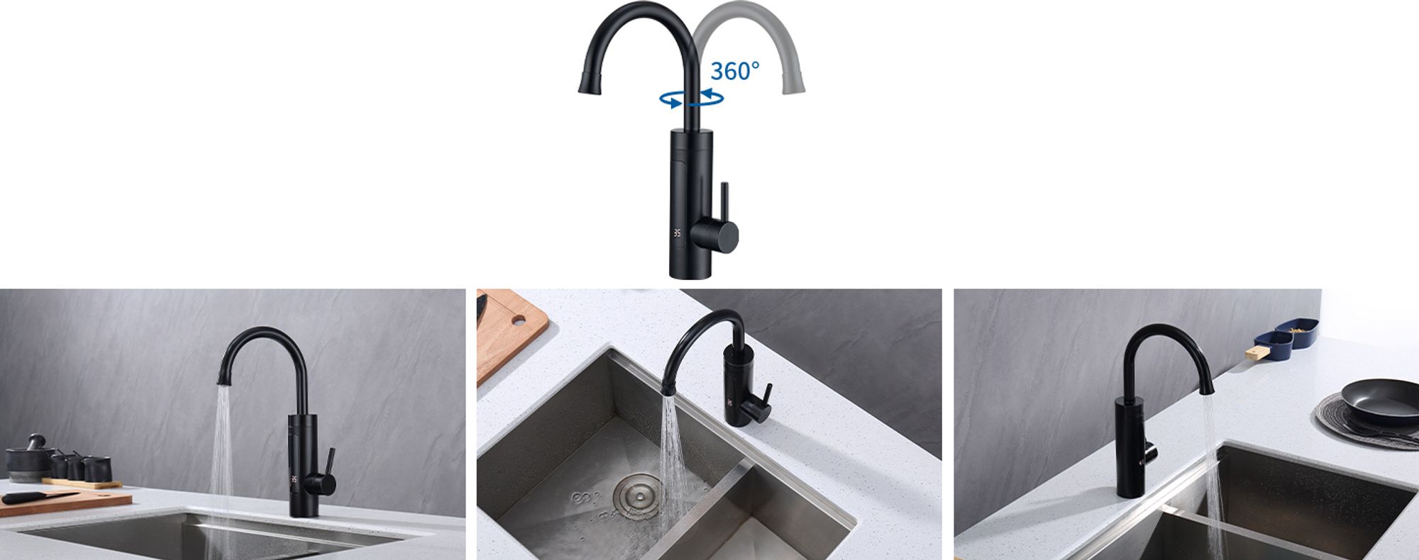Homelody Elektrische Küchenarmatur mit Durchlauferhitzer, Smart Heater Spültischarmatur 360° drehbar, Schwarz Wasserhahn mit LED Temperaturanzeige