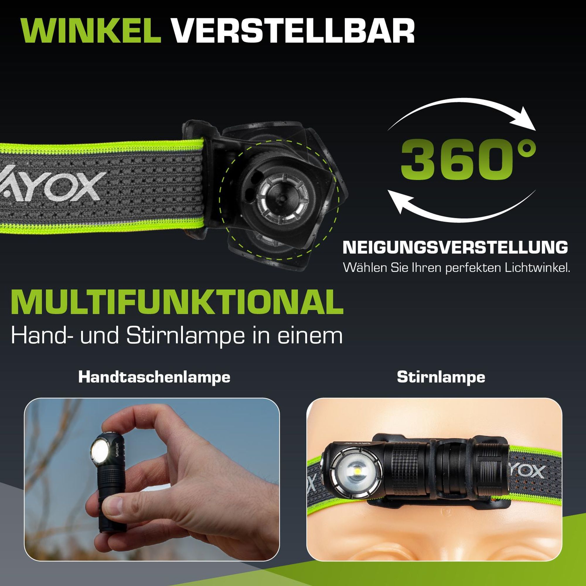 Vayox LED Stirnlampe VA0362 Explorer Pro Series | 500lm | SST20 10W + 2xSMD | IP66 | 5 Modi | USB-C | Schwarz
