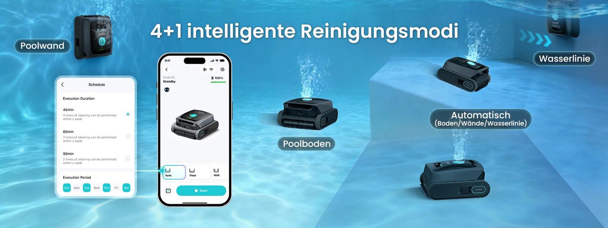 AIPER Scuba S3 Poolroboter Wand und Boden, Wasserlinien-Parkfunktion, Intelligente Sensor-Navigation