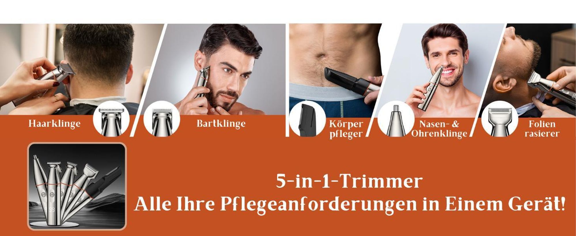 Elektrisch rasierer, Barttrimmer, 5-in-1 Elektrorasierer, Nasenhaartrimmer, Körperhaartrimmer, Haarschneider, Bartschneider, für Nase, Ohren & Körper