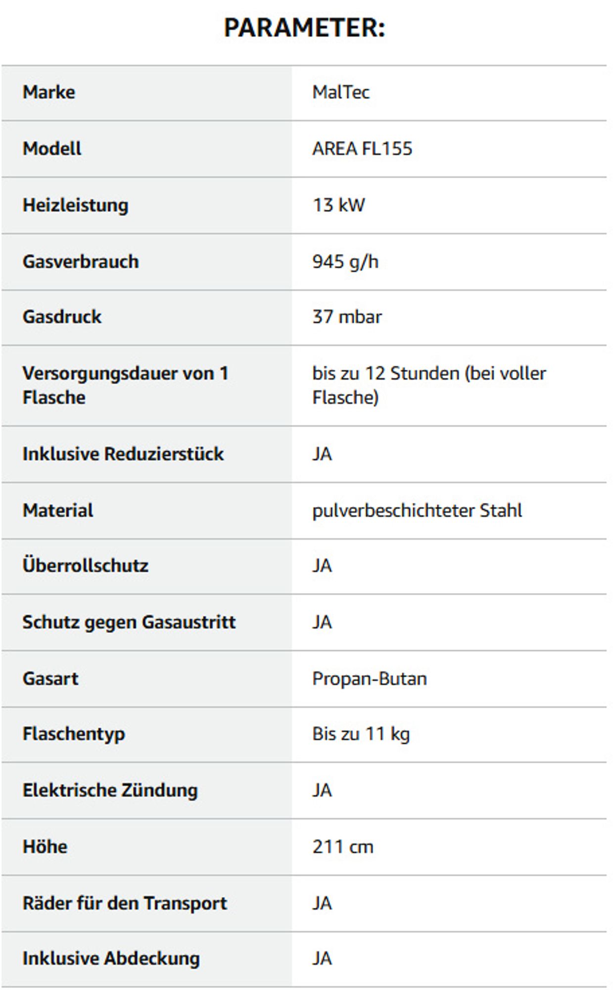 MalTec Heizstrahler Terrassenheizer Gasheizschirm 13KW Terrassengasheizung Abdeckung Stahl Schlauch mit Reduzierstück