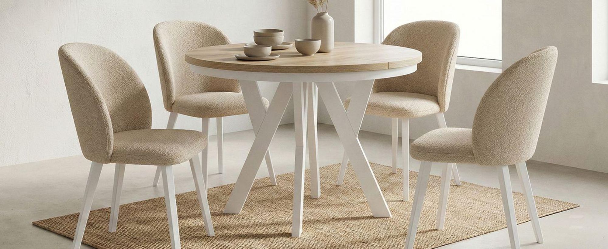 Runder Ausziehbarer Tisch für Esszimmer, PERO mit einem Ring-Gestell, Loft-Stil, Skandinavische, Durchmesser: 110 / 210 cm, Farbe: Eiche Sonoma / Weiß