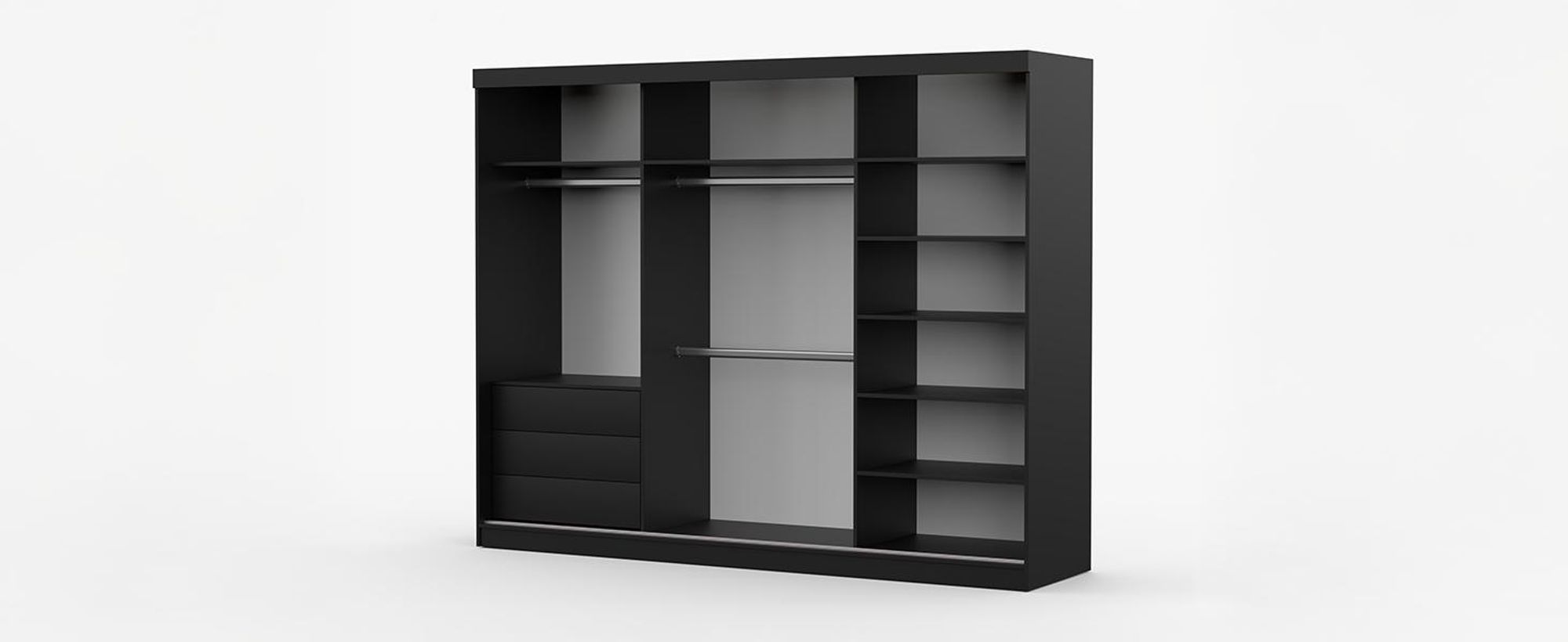 MILAN Schwebetürenschrank Kleiderschrank 250cm Schwarz/Schwarz mit Spiegeln und Schubladen