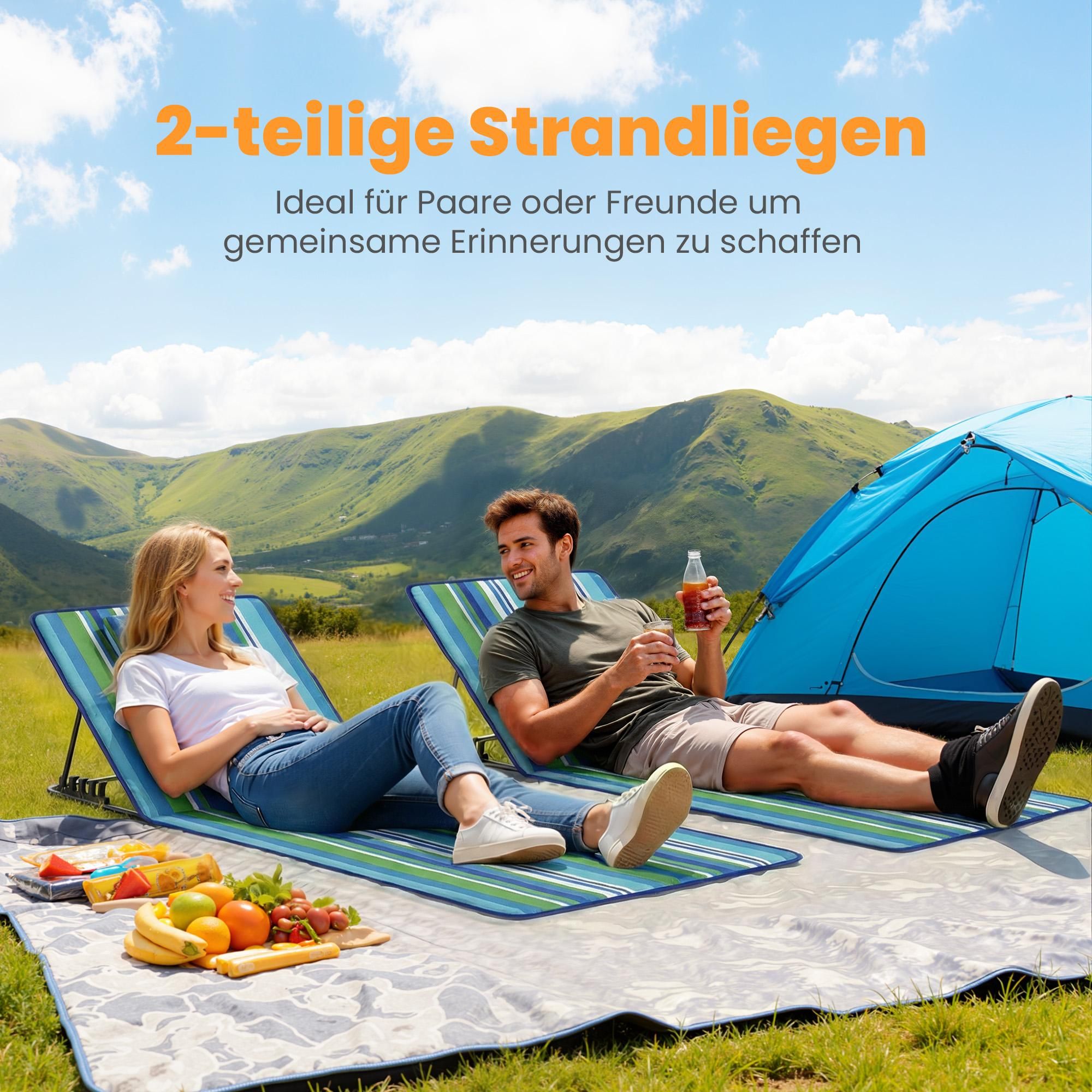 2er-Set Strandliegen am Strand, ideal für Paare und Freunde, blau-grün gestreift