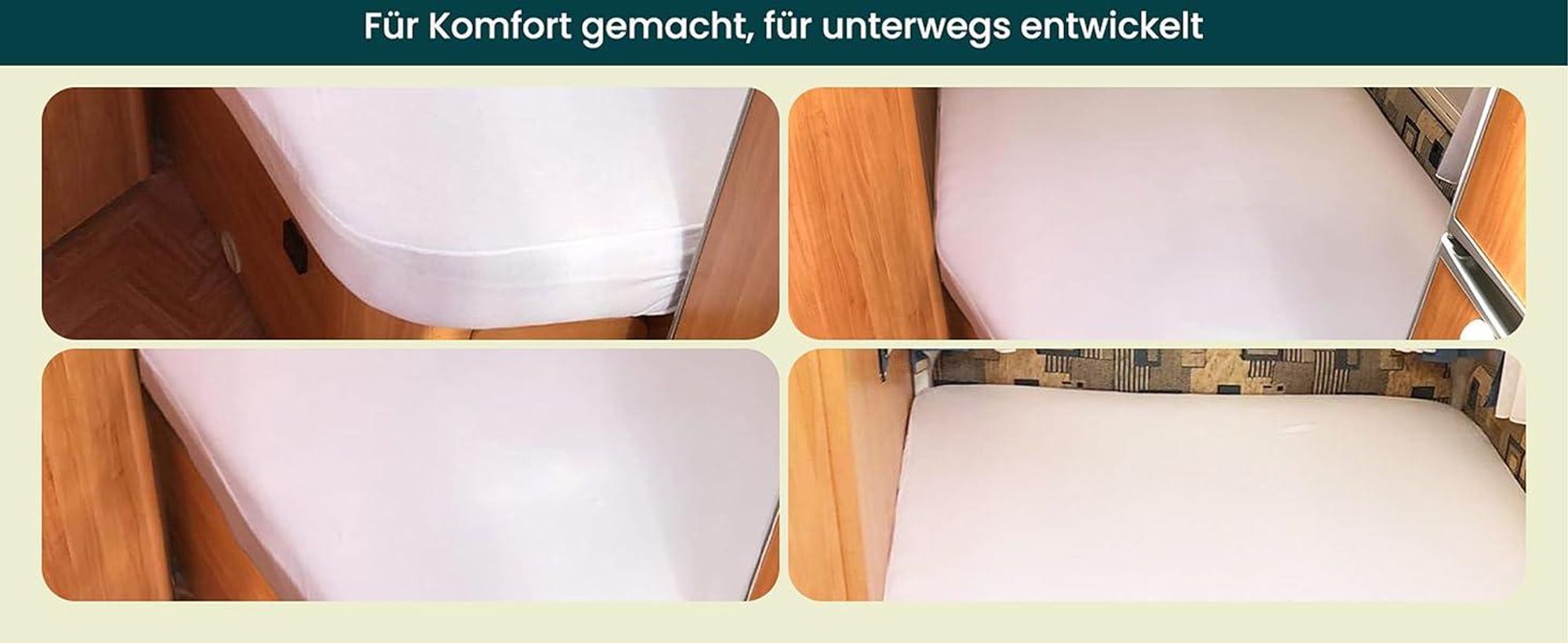 Praktische Fotos, die das Spannbettlaken auf einer Queen-Size-Wohnmobilmatratze zeigen.