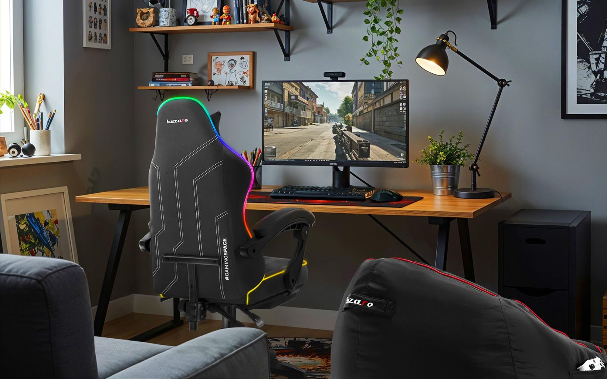 Huzaro Force 3.7 RGB Black Gaming-Stuhl mit ergonomischem Design, verstellbarem Armlehnen und hochbelastbarem Stoff