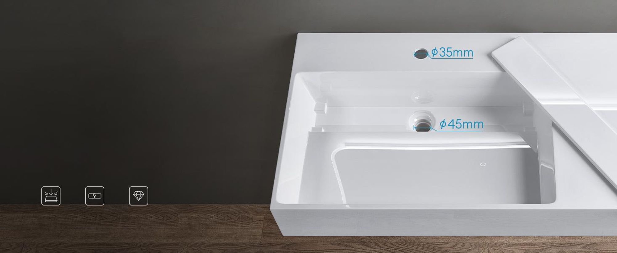 doporro Design Waschbecken 100x48x13 cm mit verstecktem Ablauf in weiß aus Mineralguss als Aufsatzwaschbecken und Hängewaschbecken geeignet col12-R