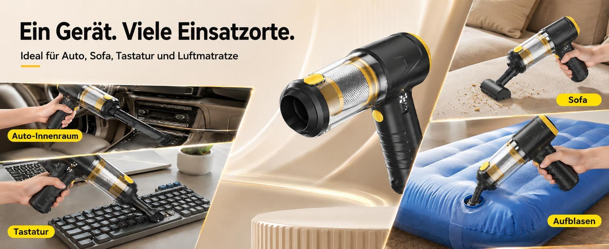 4-in-1 Auto Staubsauger, 18000 pa Akku Handstaubsauger mit LED-Licht, Digitalem Display, Ultra-leiser, 3 Modi, Tragbar für Auto, Haushalt, Tierhaare