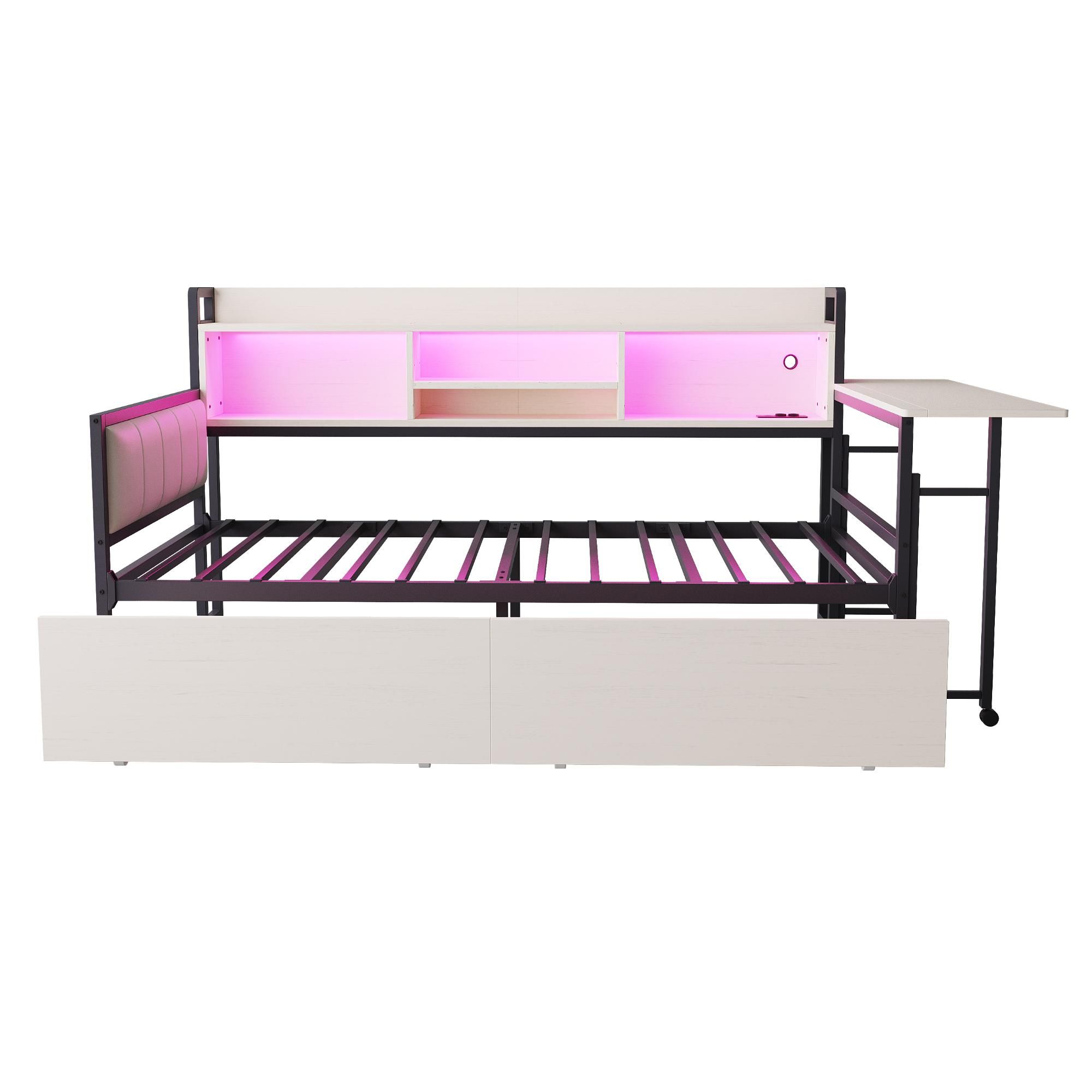 Flieks Schlafsofa Metallbett 90x200cm mit 2 Schubladen, Jugendbett Einzelbett mit Schreibtisch und Ladefunktion, Tagesbett mit Led, Weiß