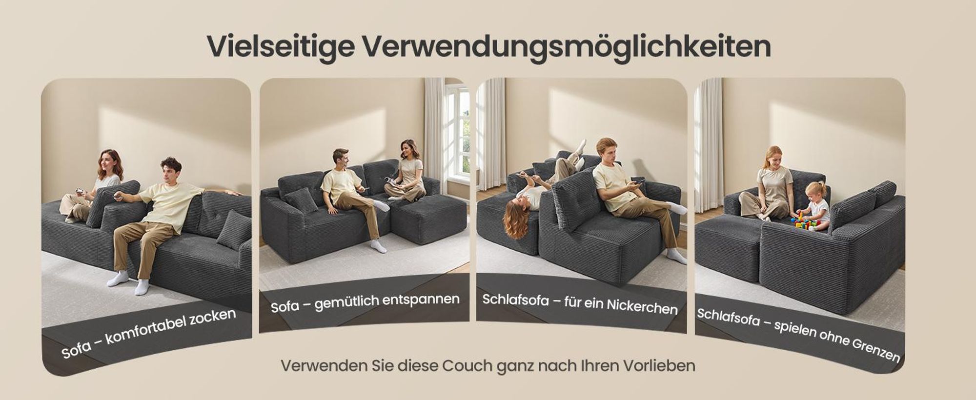Modulares Sofa, Ecksofa mit Liege rechts, 244 cm breit, vakuumverpackt, keine Montage erforderlich, grau