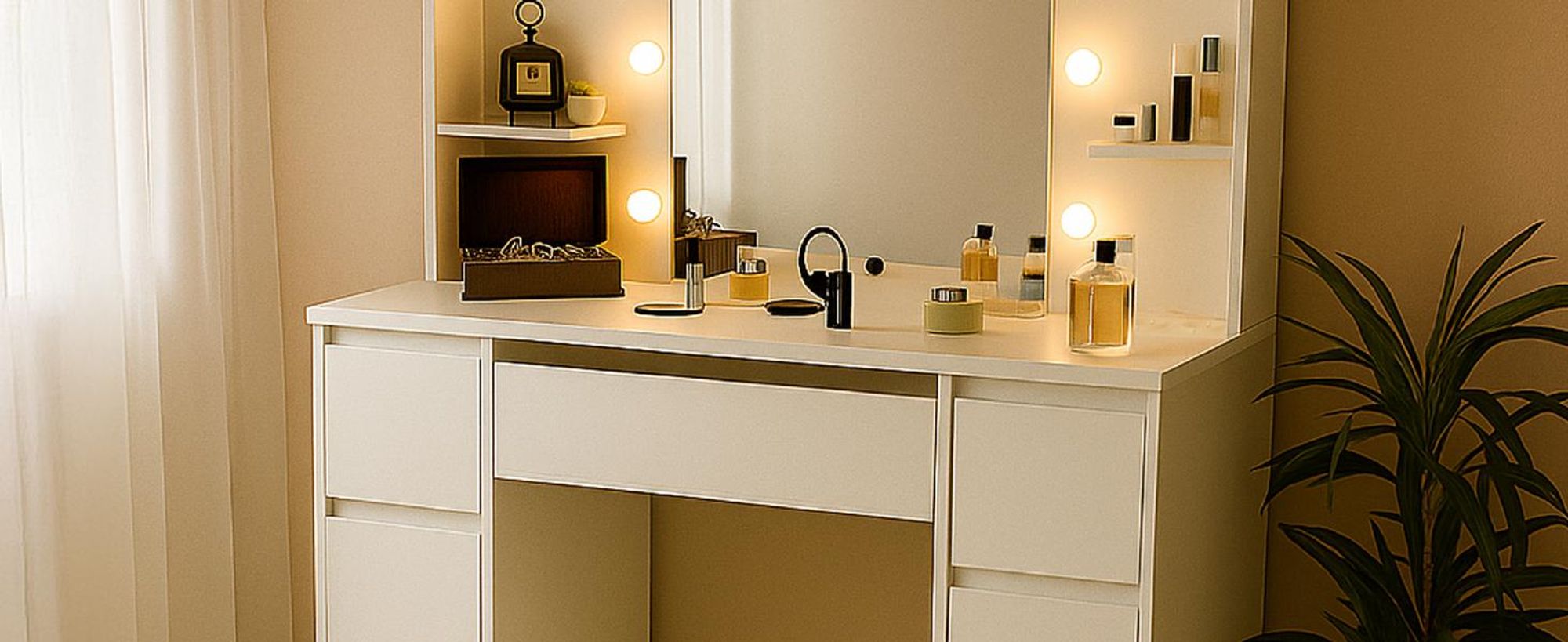 Juskys Schminktisch Malia und Hocker Tonia mit LED, 7 Schubladen & großem Spiegel – Weiß