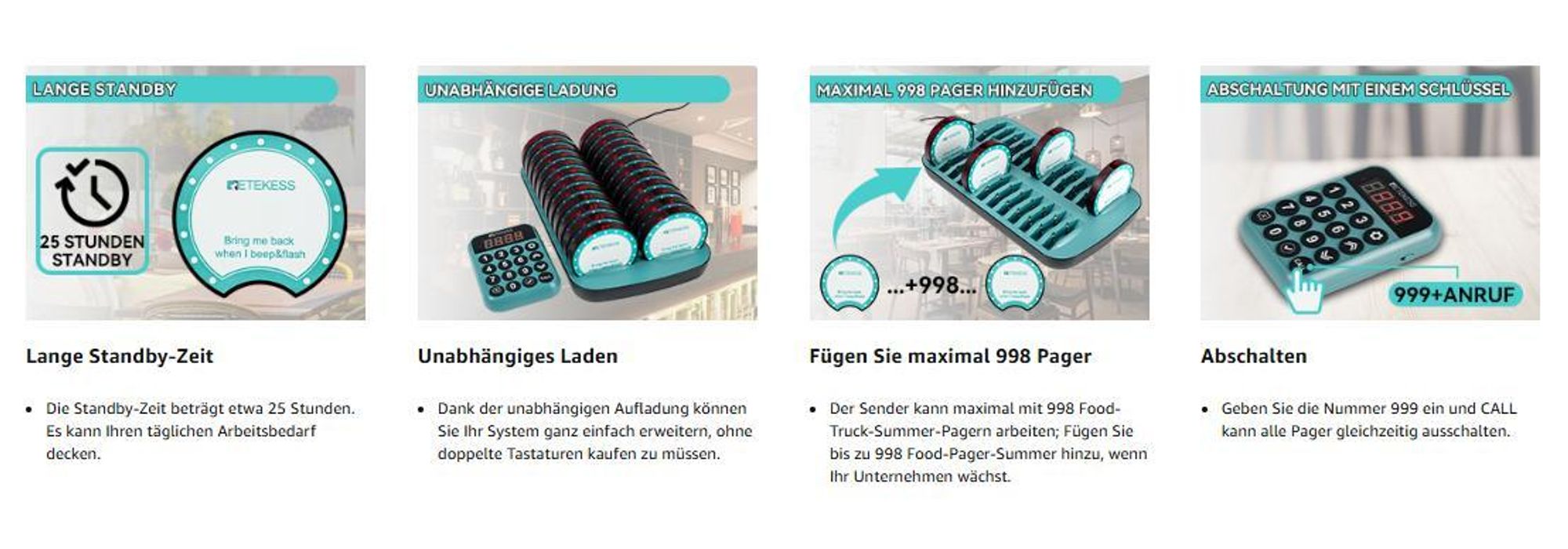 Retekess TD168R Pager System Restaurant, Pager Pieper, 400M, Alarm außerhalb der Reichweite, 7 Rufmodi, Service Countdown Zeit, Gastro Pager für Bar