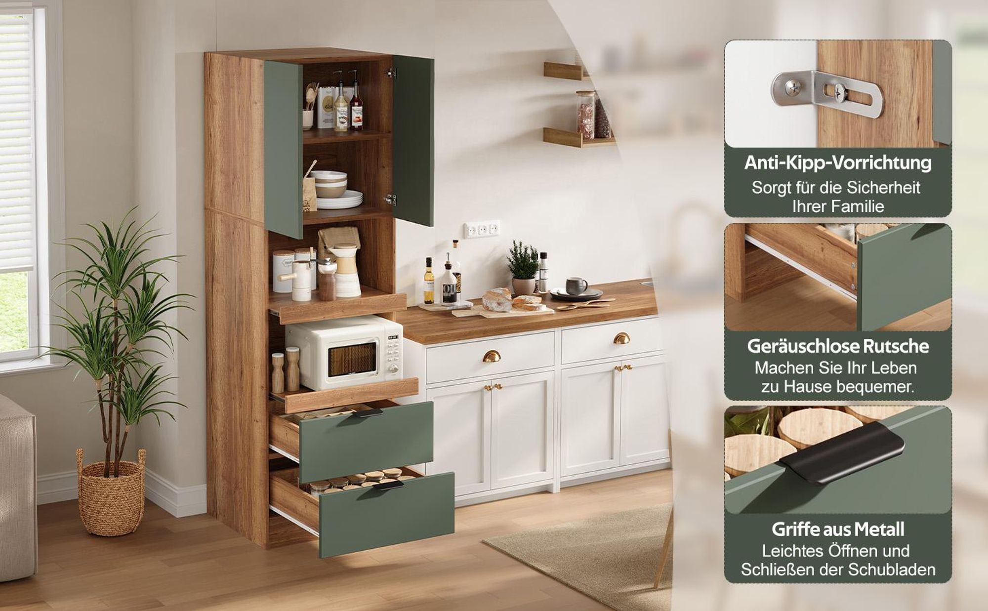 Flieks Küchenschränke mit Türen, Hochschränke mit Schubladen und Mikrowellenregale, Sideboards mit Kippschutz, 200cm, Grün, MDF
