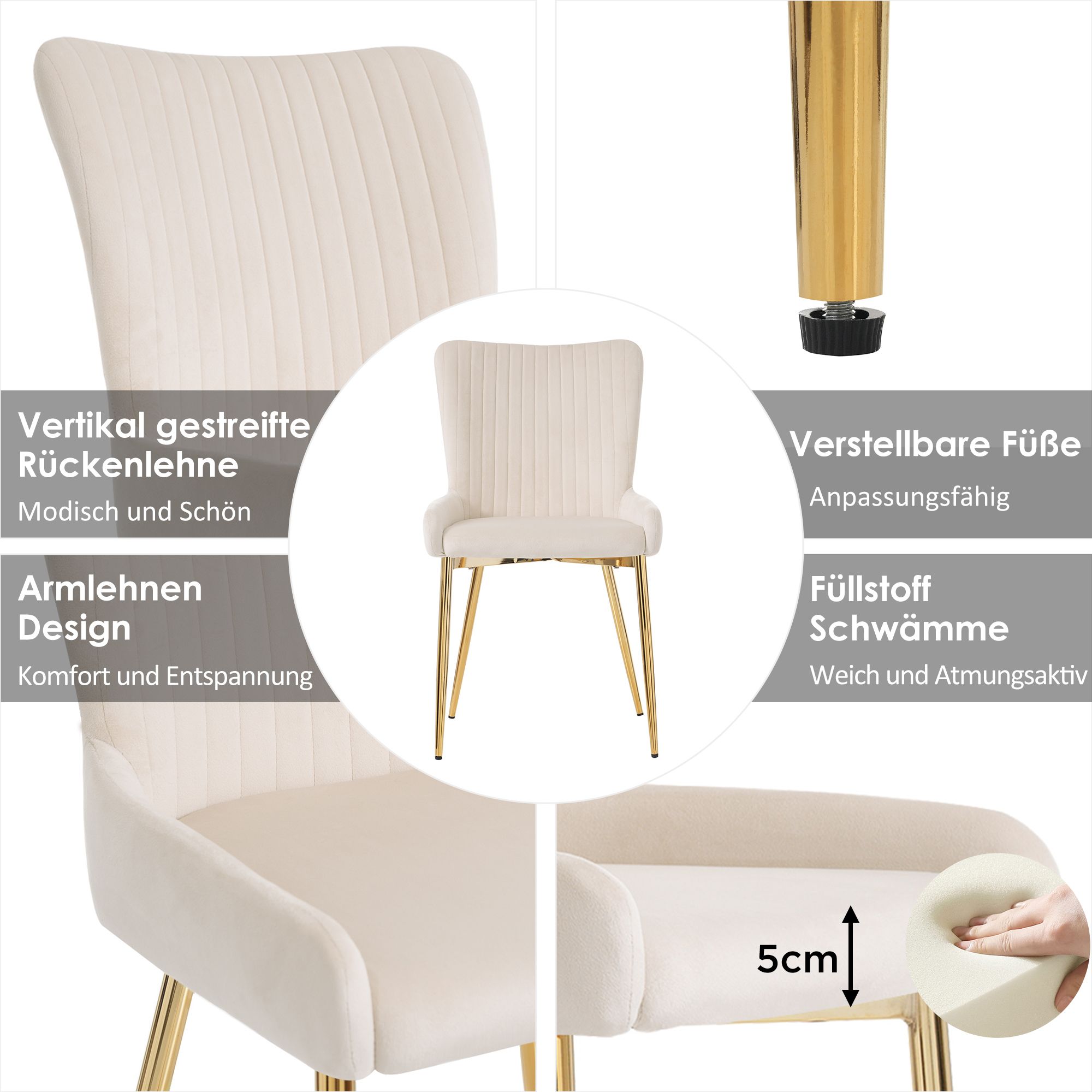 Flieks Esszimmerstühle 4er Sets, Küchenstühle mit Golden Metallbeinen, Wohnzimmerstuhl Schminkstuhl Polsterstühle mit Samtbezug, Beige