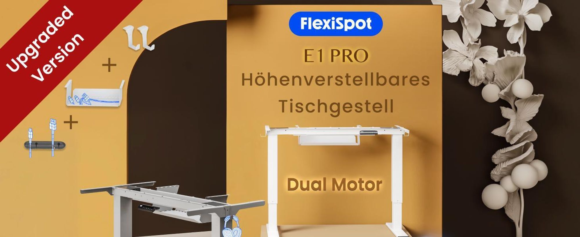 FlexiSpot E1 Pro Höhenverstellbarer Schreibtisch, Dualmotor 120 kg Tragkraft 4 Memory-Steuerung, Anti-Kollisionsschutz, Tischgestell Elektrisch (Grau)