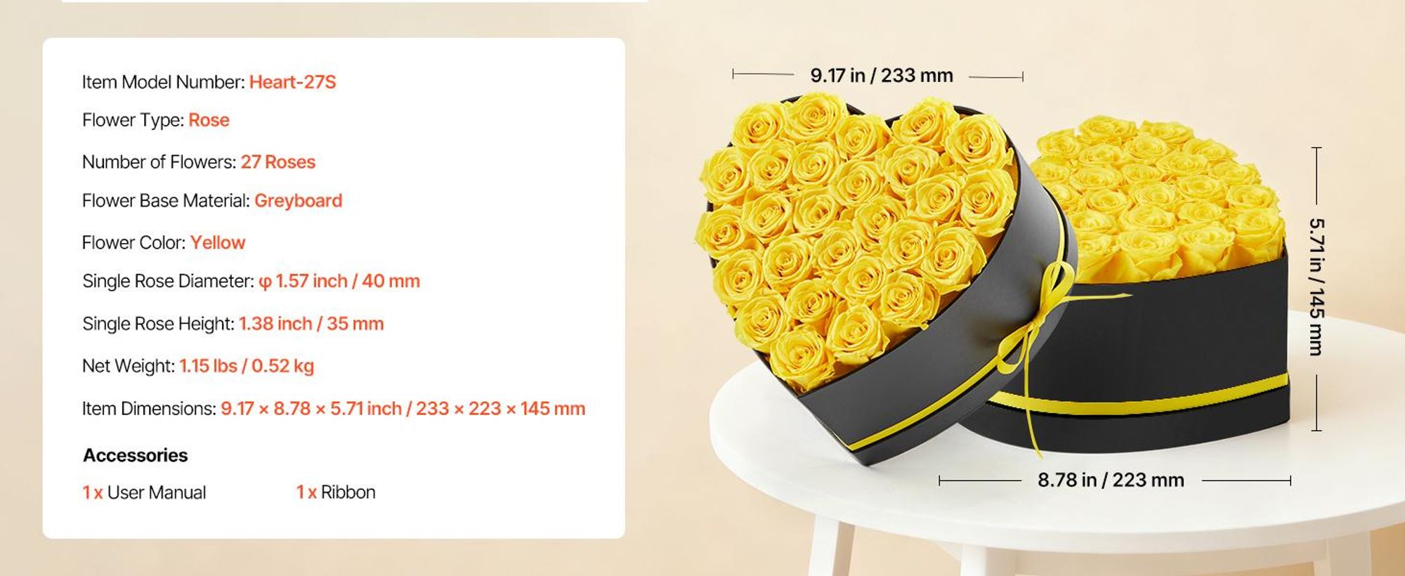 VEVOR Ewige Blumen, 100 konservierte Rosen in einer herzförmigen Box, ewige Blumen unsterblicher Strauß Geburtstagsgeschenk für Frauen, Ehefrauen, Mütter, Jubiläum, Valentinstag, Weihnachten, Rot, Herz-e, Gelb