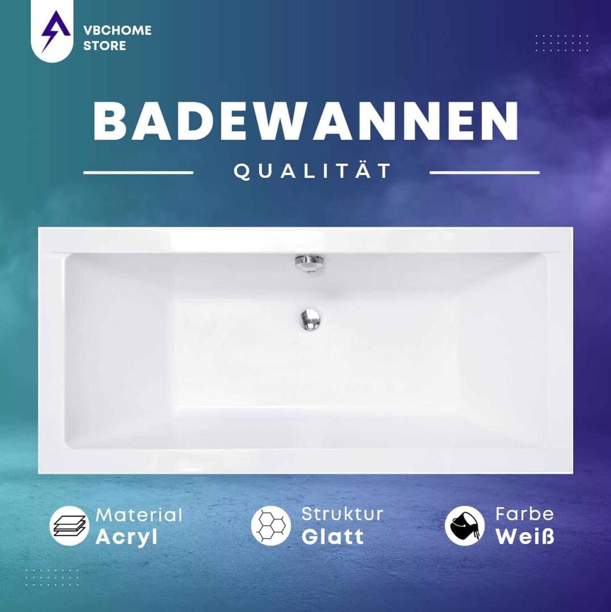 VBChome Acrylbadewanne 180 x 80 cm Weiß mit Styroporträger und Schwarz Siphon - Modern, langlebig und wärmeisolierend, perfekt für das Badezimmer