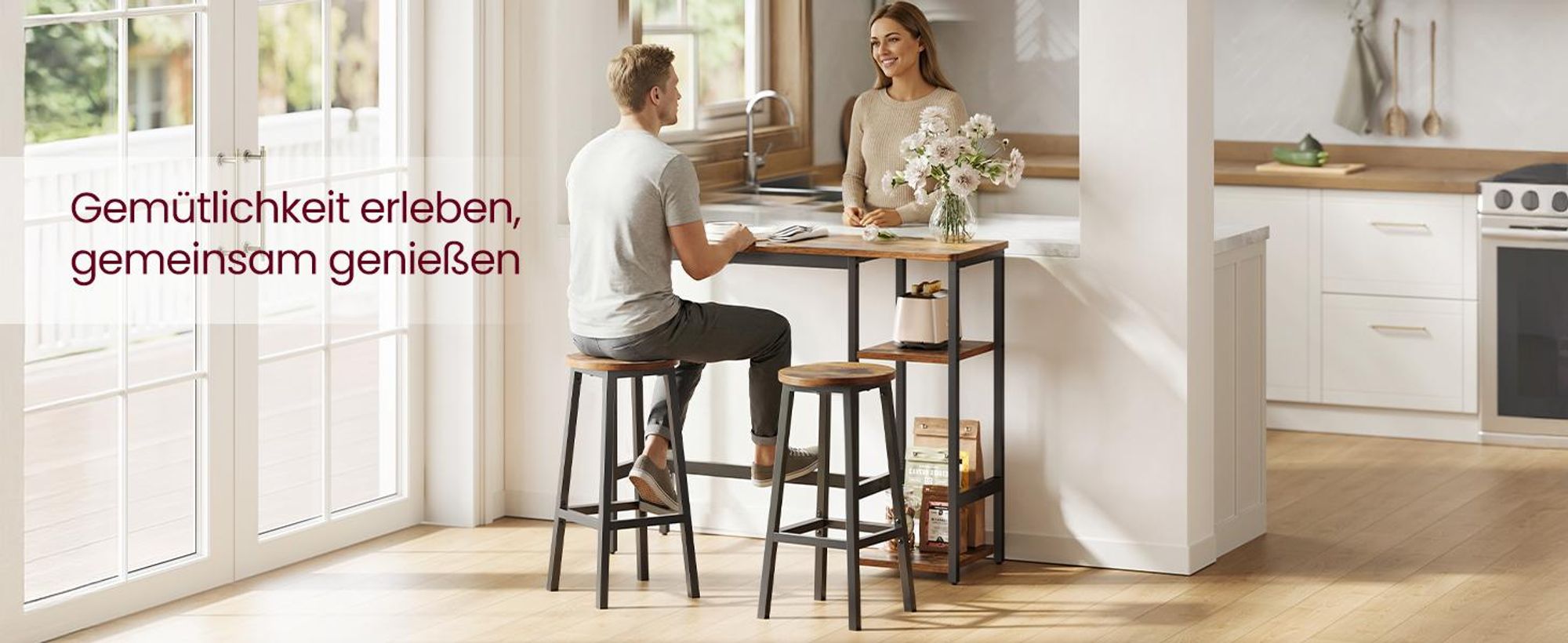 VASAGLE Bartisch-Set mit Regal, Essgruppe mit 2 Hockern, Metallgestell, für Küche oder Wohnzimmer, braun-schwarz