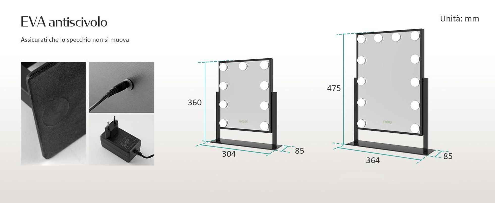 EMKE Hollywood specchio per il trucco 85x364x475mm con specchio d'ingrandimento 7x, nero Specchio per il trucco con touchscreen intelligente e 3 colori di luce, 12 luci LED dimmer, ruotabile a 360° e funzione memoria