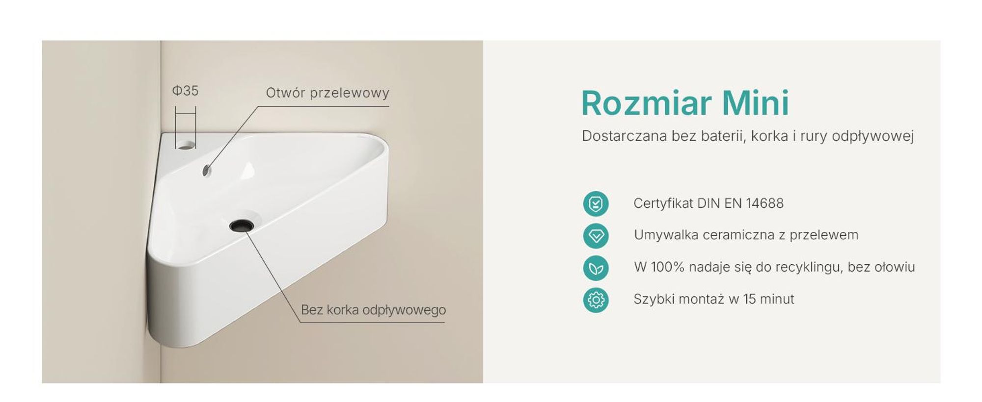 EMKE Umywalka narożna ścienna ceramiczna 560x340mm Biały połysk Trójkątna umywalka ścienna z przelewem i otworem na baterię do WC dla gości i małych łazienek