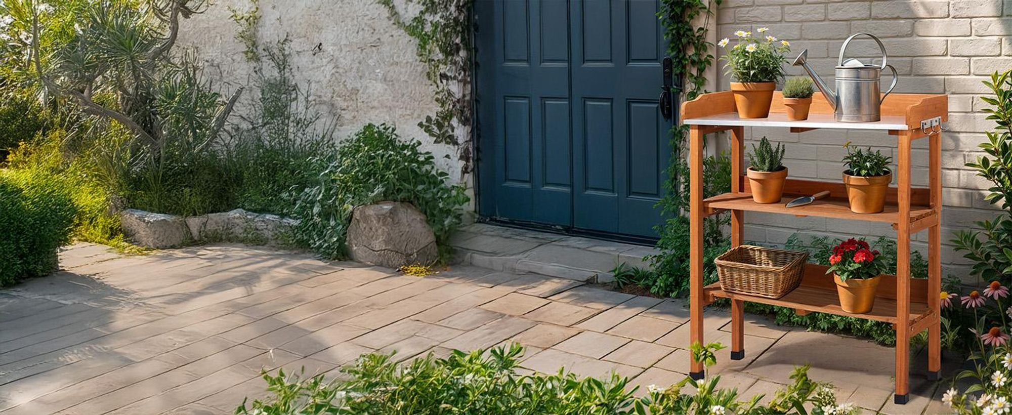 FCH Pflanztisch 3 Ablagen, Gärtnertisch mit verzinkter Arbeitsplatte, Garten-Blumentisch für Outdoor, wetterfest, 74x36x90cm, Holzfarbe