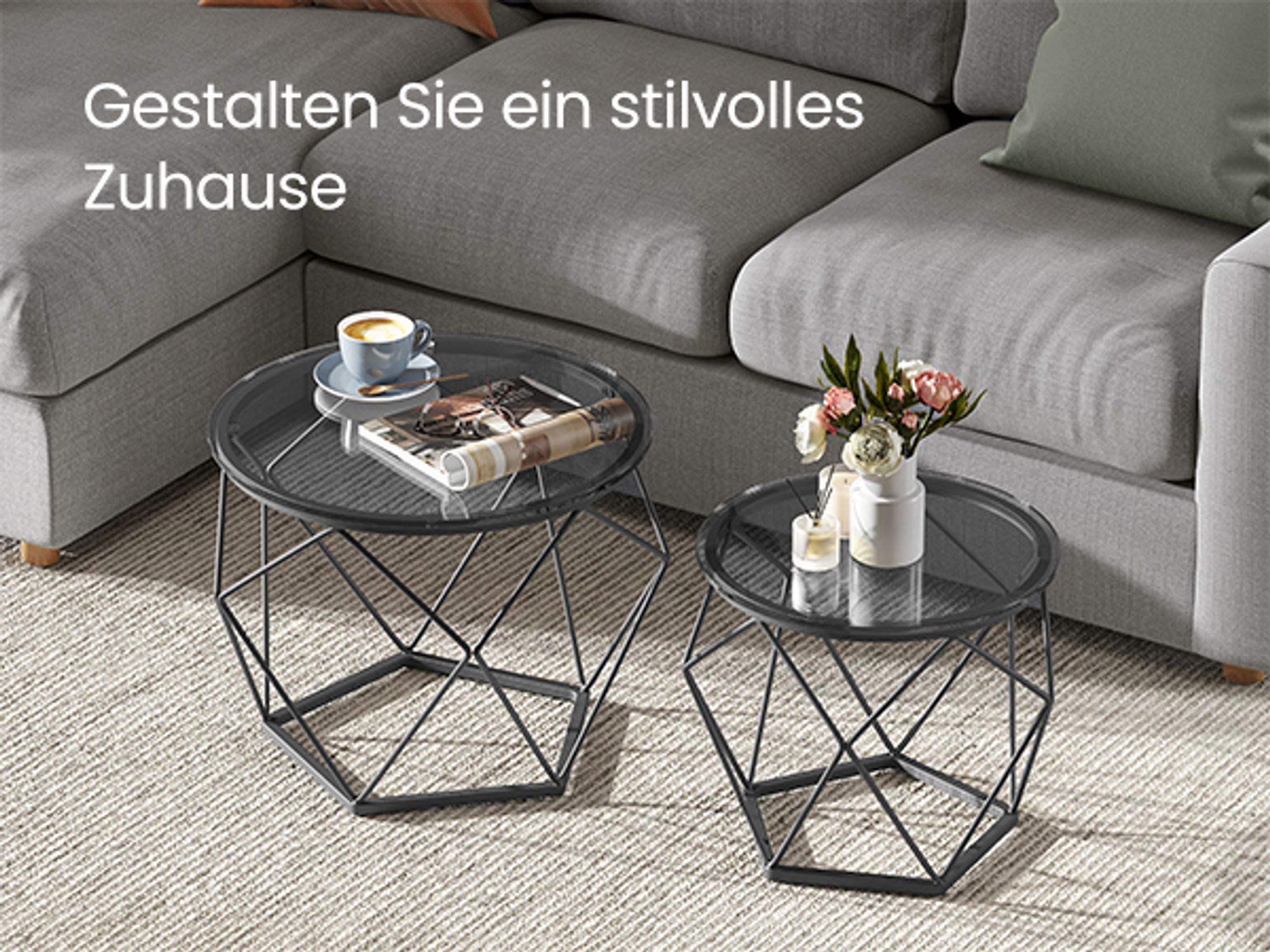 VASAGLE Beistelltisch, 2er Set, abnehmbare Tischplatte, schiefergrau-tintenschwarz