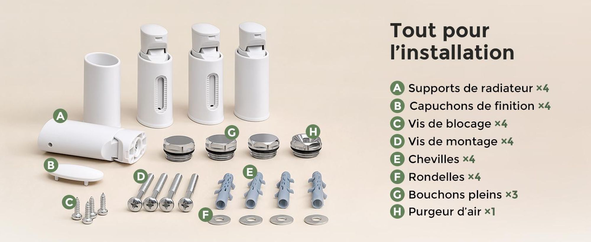 Fixations pour radiateur sèche-serviettes, lot de 4, blanches, pour tubes ronds droits Ø22–25 mm, Entraxe 40–45 mm, réglage 20 mm, charge tot 1 pièce