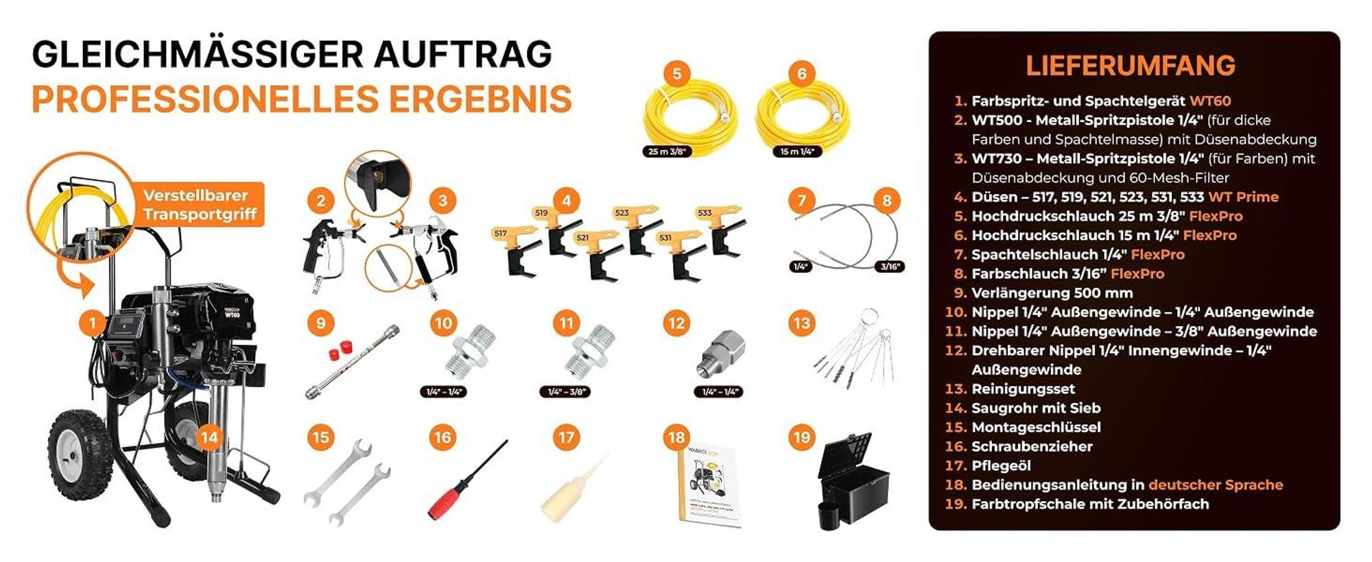 Airless Farbspritzgerät Spachtelspritzgerät WT60 3000W 6 L/min 227 bar Hochdruck Farbsprühsystem Spritzspachtelgerät für Wandfarbe und Spachtelmasse
