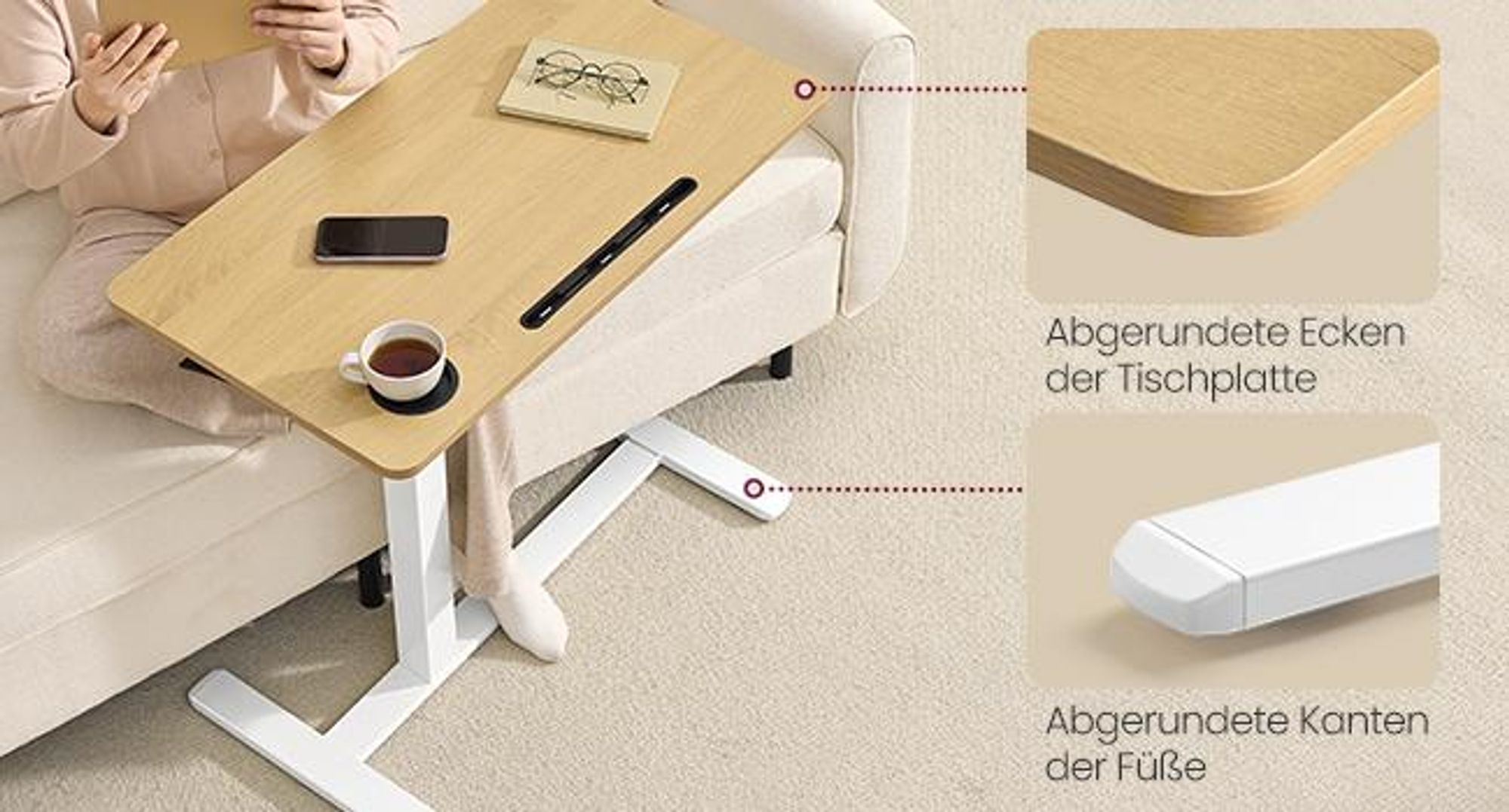 VASAGLE Stehtisch, Beistelltisch mit Rollen, 80 x 45 cm Tischplatte, verstellbar, 2 Getränkehalter, goldeichenfarben
