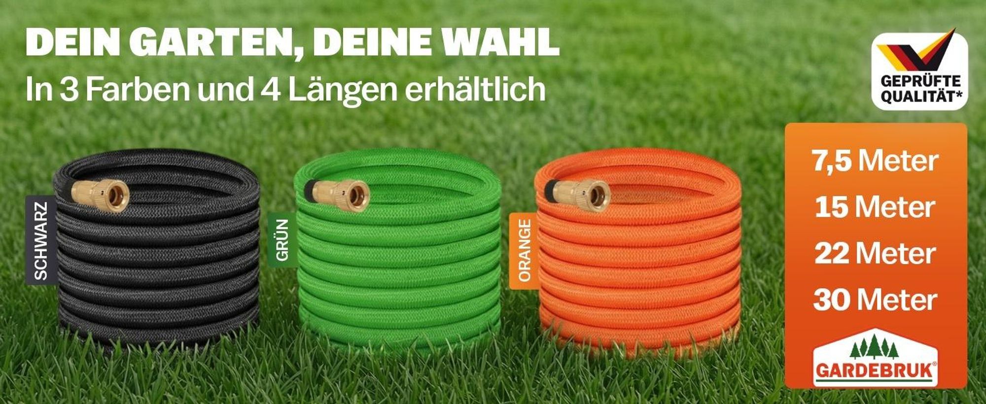 GARDEBRUK® Flexibler Gartenschlauch 22m 3fach Latexkern Vollmessing Adapter 1/2" 3/4" Zoll Wandhalterung Tasche Flexschlauch Wasserschlauch Schwarz