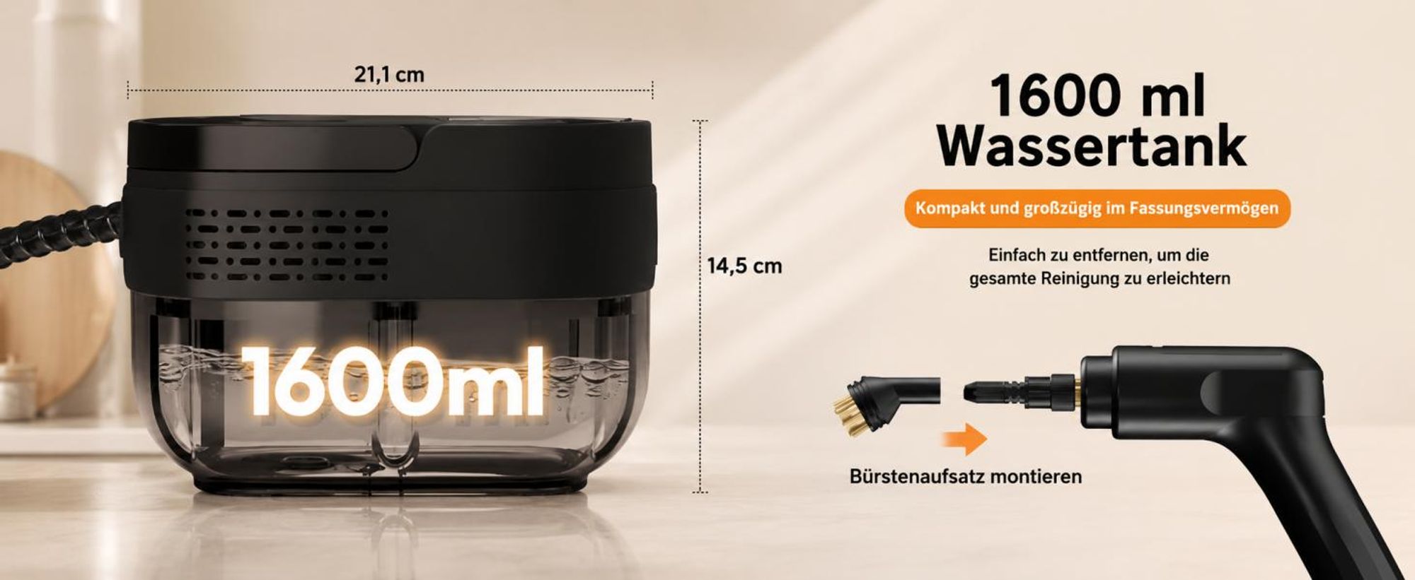 2500W Dampfreiniger, 1600ML großer Tank, 3 einstellbare Dampf-menge, 3 Bar tragbarer Handdampfreiniger, 13 Zubehör-Dampfgarer für Zuhause Küche Aut