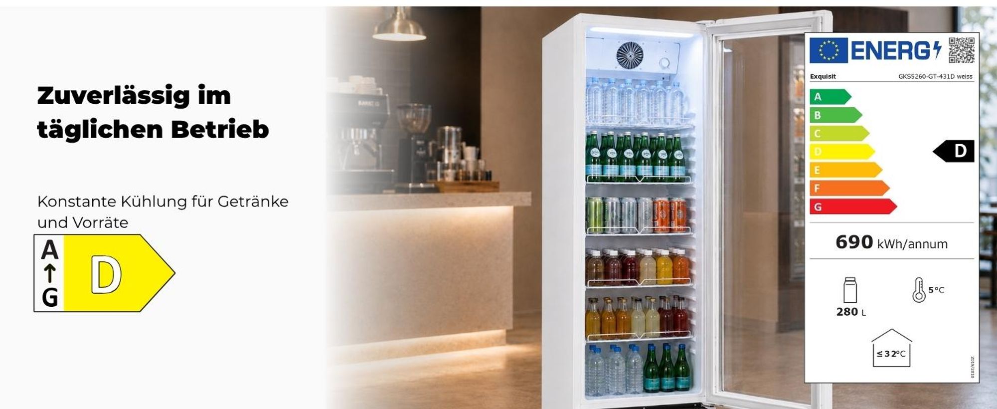 Exquisit Glastürkühlschrank, 280l Getränkekühlschrank mit LED, Umluft, 5 verstellbare Ablagen, CoolPro, GKS5260-GT-431D weiss