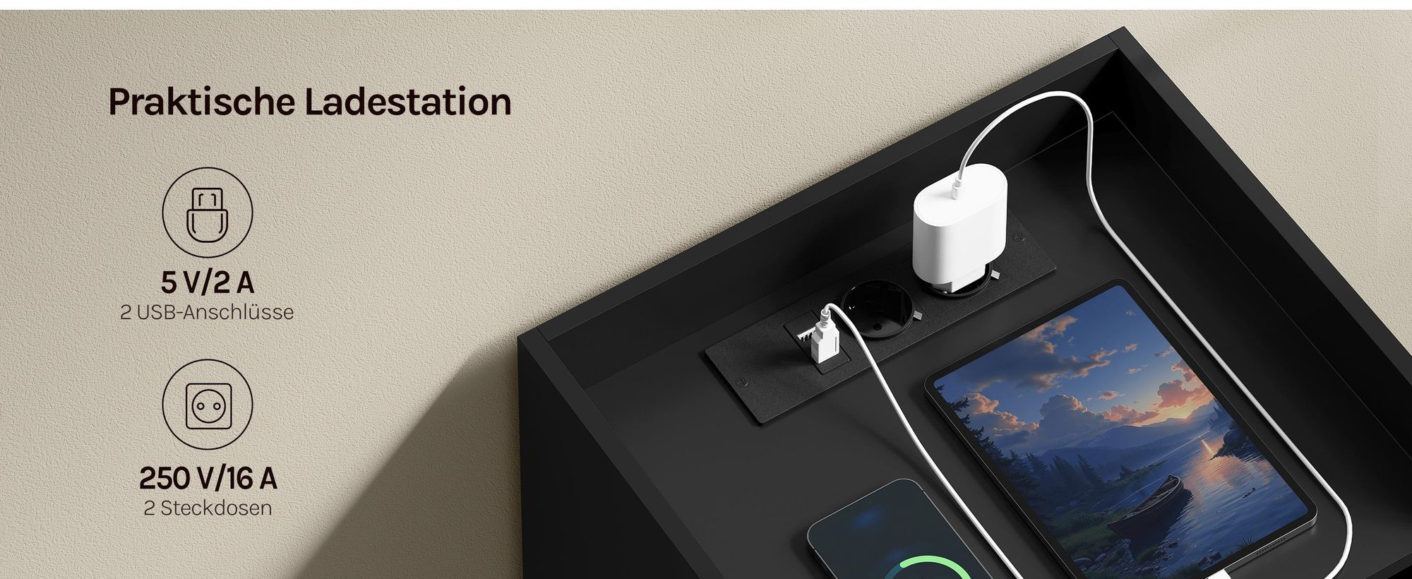 WOLTU Nachttisch Nachtschrank, Ladefunktion LED-Licht, 2 Steckdosen 2 USB, Holz, Schwarz