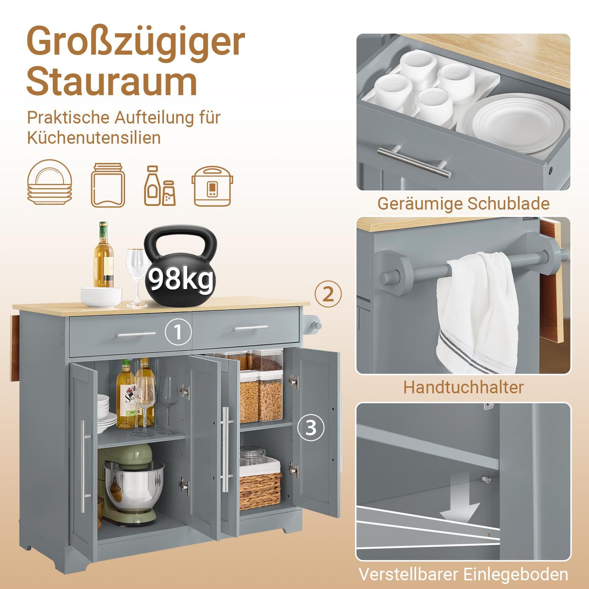 SoBuy Kücheninsel mit ausklappbarer Arbeitsfläche, Schubladen und Schränken, grau Mittelteil mit vier Türen zwei FKW129-HG