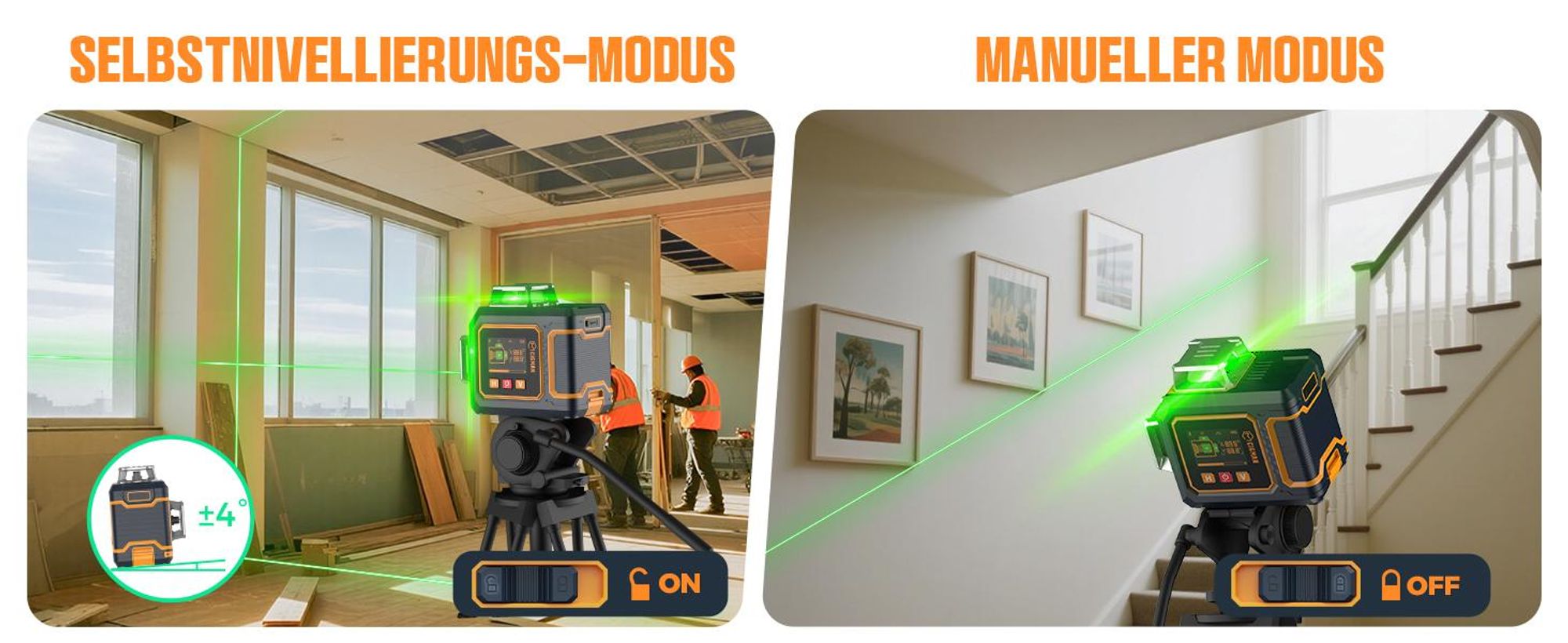 CIGMAN CM-S03 Kreuzlinienlaser 3x360° Grün mit App & LCD-Display
