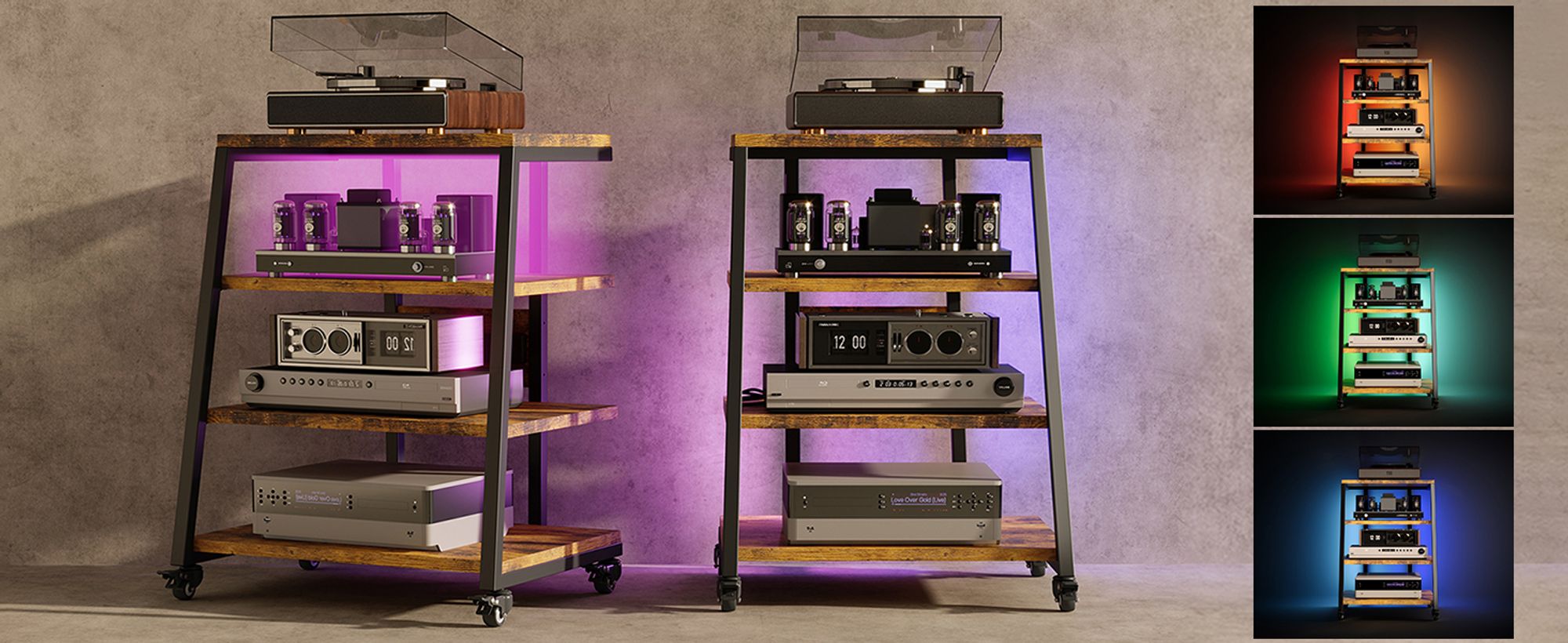 4-stufiger HiFi Rack 60x52x78 cm mit Rädern, Plattenspieler Tisch Schrank mit Steckdosenleisten, LED, Verstellbaren Ablage Holz Medienständer Regal