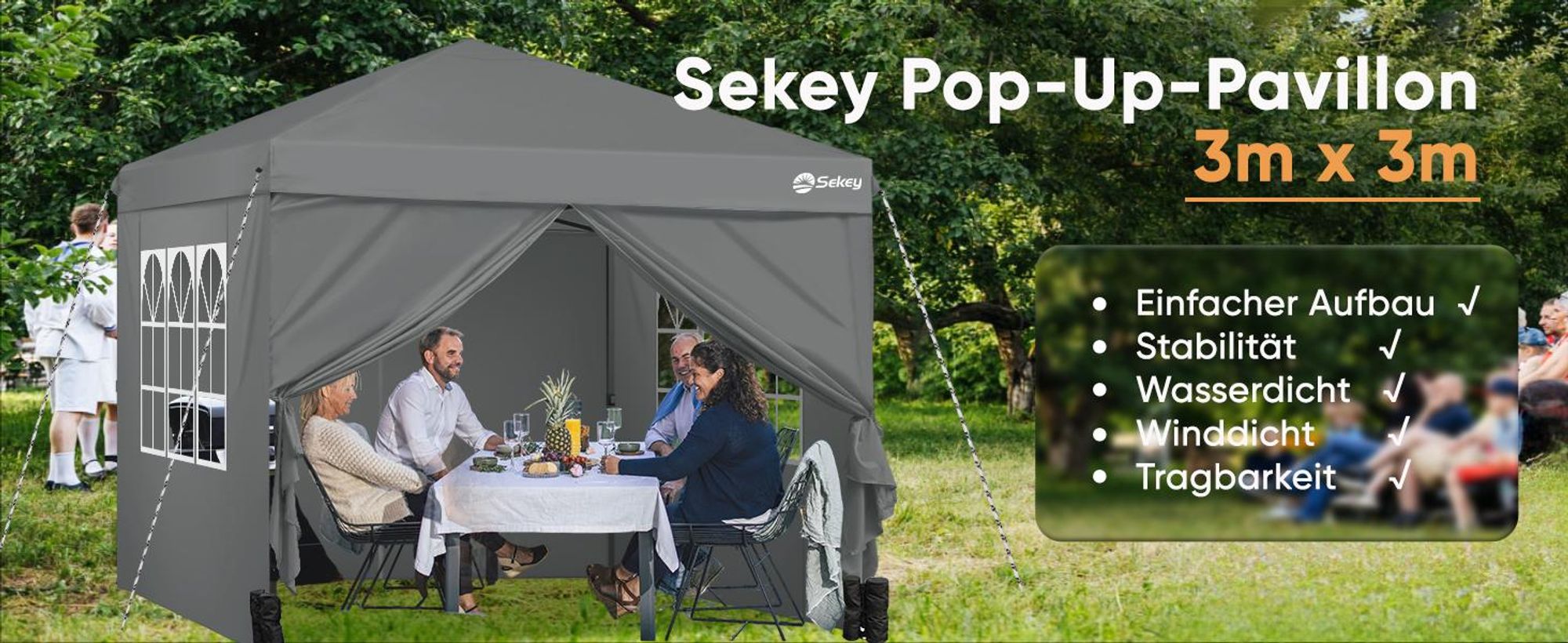 Sekey Faltpavillon 3x3 mit 4 Seitenwänden und mit 4 Sandsäcke, Wasserdicht Pop Up Pavillon für Camping, Festival, Events, Picknicks, Grau